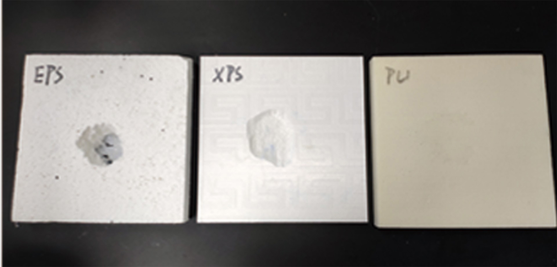④ XPS formed a hole, EPS was penetrated, and PU had no reaction